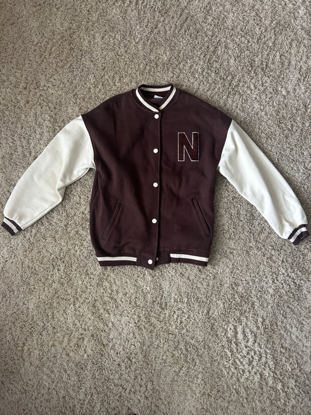 Zara Brown and Cream Snap-Front New York Varsity Jacket Size Kids 13/14